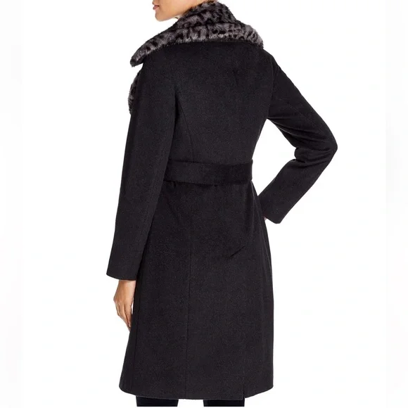 New Via Spiga Leopard Print Faux Fur Collar Wool Belted Wrap Coat Black Grey XS - Picture 2 of 6